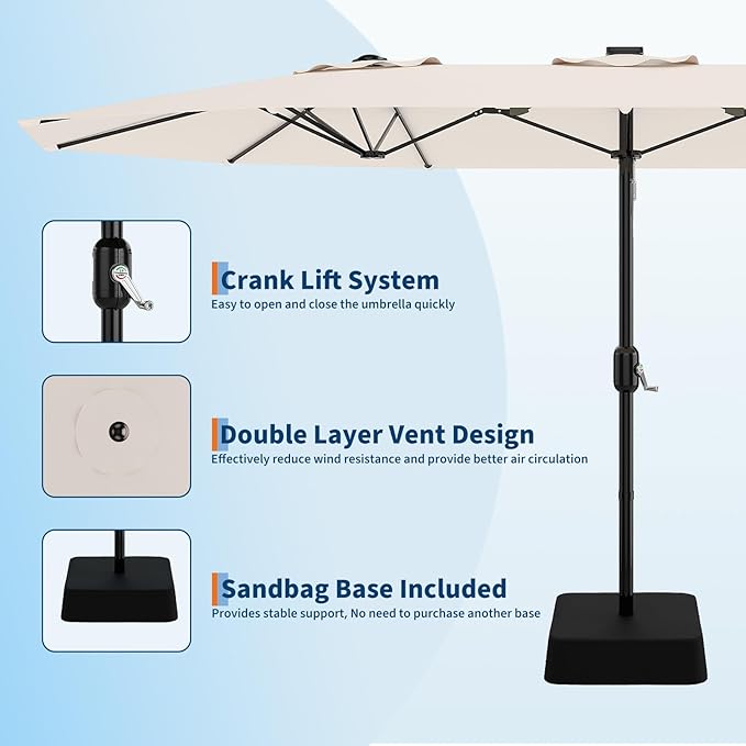 KYBOLT 15 Ft Large Patio Umbrella with Base Included, Outdoor Double-Sided Rectangle Umbrella with Crank Handle, Outdoor Umbrella for Backyard, Pool, Patio,
