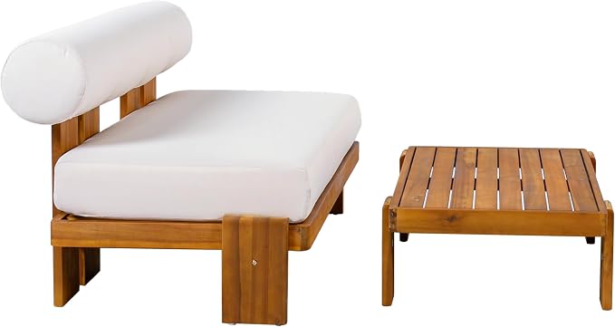 Christopher Knight Home Phobo Acacia Wood Outdoor Loveseat and Coffee Table Set, 2 Piece Patio Furniture Set with Cushion, Outdoor Conversation Set with Slatted Design for Backyard, Teak + Beige