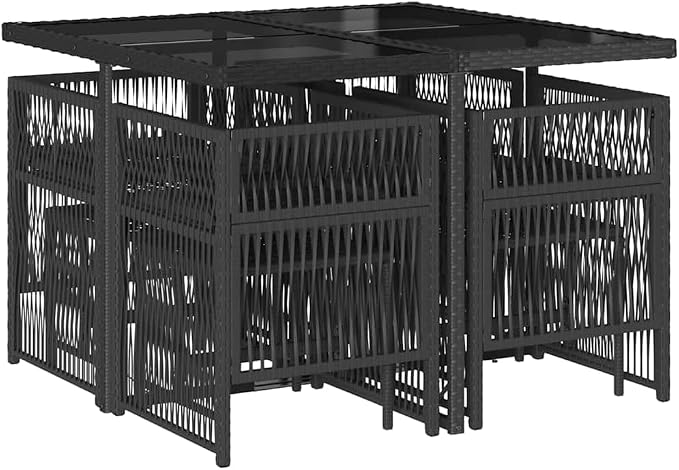9-Piece Outdoor Garden Dining Set, 8 Person PE Rattan Patio Furniture Set with Rectangular Table, 4 Chairs and 4 Stools, Space Saving Woven Wicker Dining Set for Backyard, Black