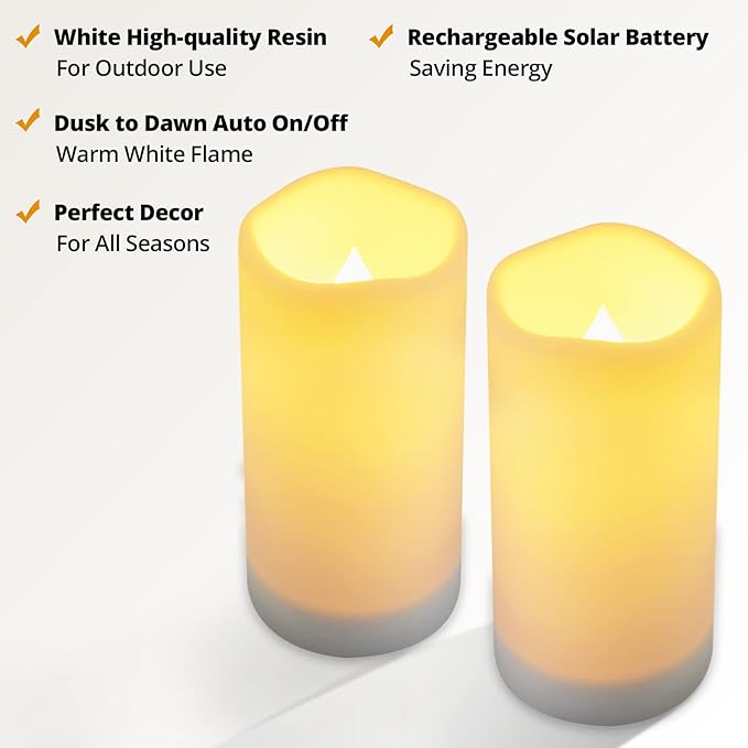 NURADA Large Outdoor Solar Powered Candles - Flameless Pillar Waterproof Rechargeable Candle Set, White Resin, LED Light, Rechargeable Solar Battery Included, Waterproof for Patio Decor 3.25" x 6"