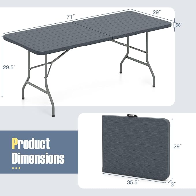 Goplus 6ft Plastic Folding Table, 350 LBS Indoor Outdoor Heavy Duty Portable Folding Tables with HDPE Tabletop, Handle, Lock, Foldable Rectangle Utility Card Table for Picnic, Party, Camping, Dining