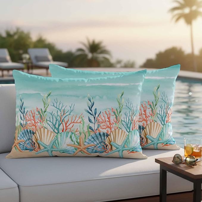 Lumbar Pillow Covers 20x12 Inch Set of 2, Coastal Beach Waterproof Outdoor Pillow Covers, Ocean Wave Summer Sea Starfish Coral Teal Beige Decorative Cushion Pillowcases for Couch, Sofa, Bed, Patio