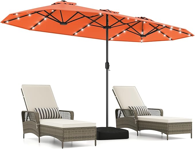 Tangkula 13FT Double-Sided Solar Patio Umbrella, Extra-Large Outdoor Twin Umbrella with 36 LED Lights, Vented Top, Crank Handle, 12 Ribs, Weighted Base Included for Backyard Poolside Deck (Orange)