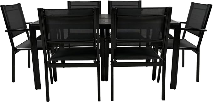 RuiSiSi 7 Pieces Outdoor Dining Table Set for 6, Steel Patio Dining Table and 6 Textilene Chairs for Yard, Garden, Porch and Poolside (Black)