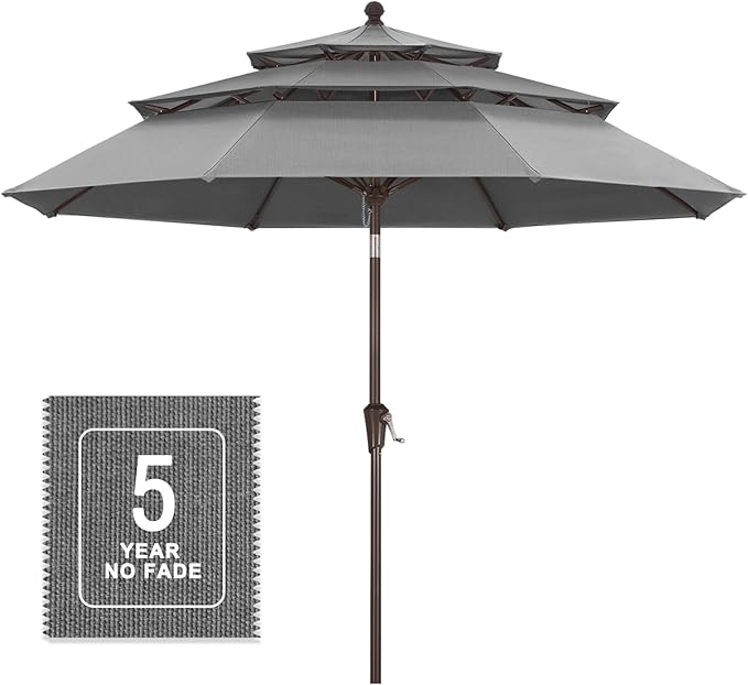 MASTERCANOPY 9ft 3-Tier Olefin Patio Umbrella with Tilt Crank, 5-Year-Non-Fading Canopy & 8 Fiberglass Ribs for Deck, Patio, and Garden, Medium Grey