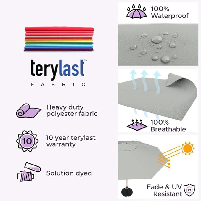 Midtown Umbrellas The LED Swilt 8 Feet Patio Umbrella With Terylast Matter (Grey) Polyester Fabric - Auto-Tilt Aluminum Frame With LED Lights For Backyard, Deck, Garden, Pool - Black Pole