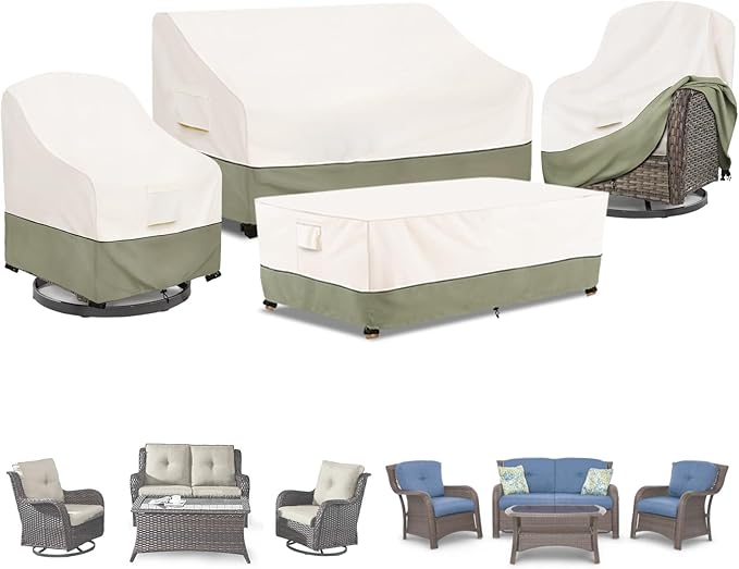 Bitubi Outdoor Waterproof Patio Furniture Covers 4-Piece Set for Swivel Rocker Chairs, Patio Loveseat 58in, Coffee Table 48in, Heavy Duty 600D Tough Canvas, Beige
