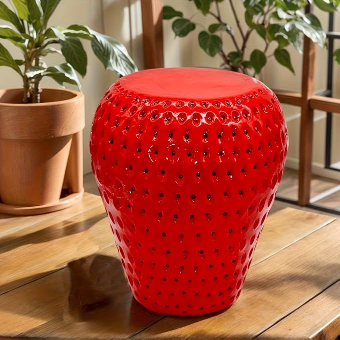 13.4" Red Strawberry Fruit Stool Side Table, Resin Garden Stool Plant Stand for Indoor Outdoor Home Decor, Multi-Purpose End Table Patio Furniture Housewarming Gift