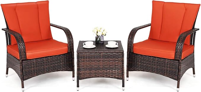 Tangkula 3 Piece Patio Furniture Set, 2 Wicker Chairs with Glass Top Coffee Table, Outdoor Garden Porch Poolside Furniture Set for 2, Rattan Conversation Set