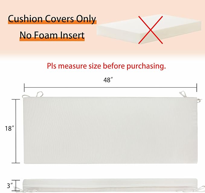 Magpie Fabrics Patio Bench/Swing Cushion Slip Cover 48 x 18 x 3 Inch, Water Resistant UV Protection Outdoor Furniture Loveseat Replacement Cushion Cover with Zipper (Recycled Cream White)