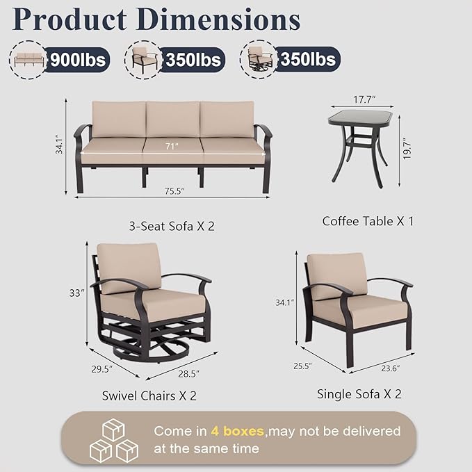 ALAULM Aluminum Patio Furniture Set with 2 Swivel Chairs 7-seat Metal Outdoor Furniture Patio Sectional Sofas Patio Conversation Set w/5.1" Cushions for Patio, Backyard, Poolside-Sand