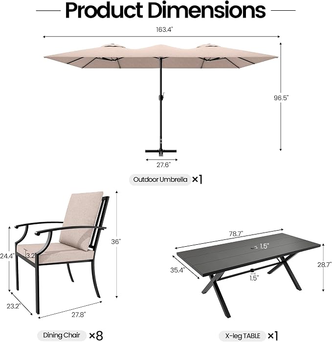 10 PCS Outdoor Patio Dining Set with 13.6ft Double-Sided Patio Umbrella,Patio Table and Chairs Metal Outdoor Patio Furniture Set,Dining Table Set with 8 Chairs,Brown