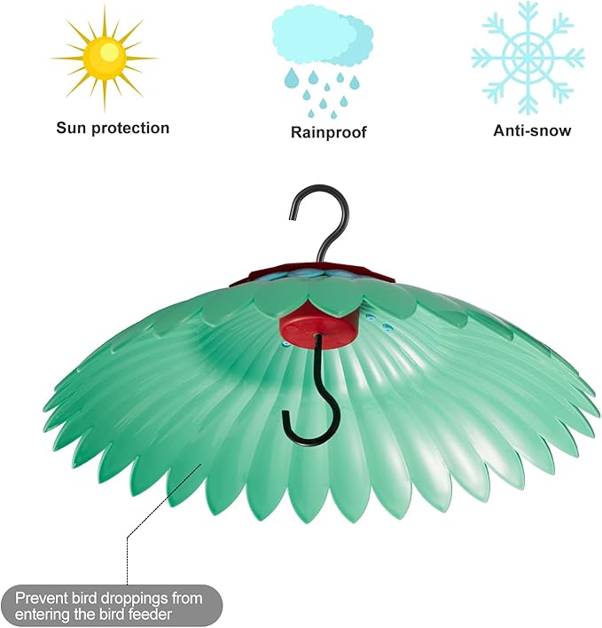 Beserie Squirrel Baffle for Hanging Bird Feeder Rain Cover for Outside Weather Guard Protect Feed from Sun Red Dome Attract Hummingbirds, Moat Proof, Easy to Clean-14inch Green
