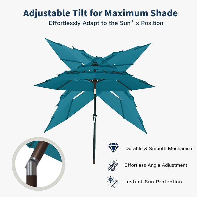 10FT Patio Umbrella 3 Tiers Outdoor Market Umbrella w/Push Button Tilt, Crank, UV and Waterproof Table Umbrella for Garden, Pool, Backyard, Deck, Lawn, Lake Blue