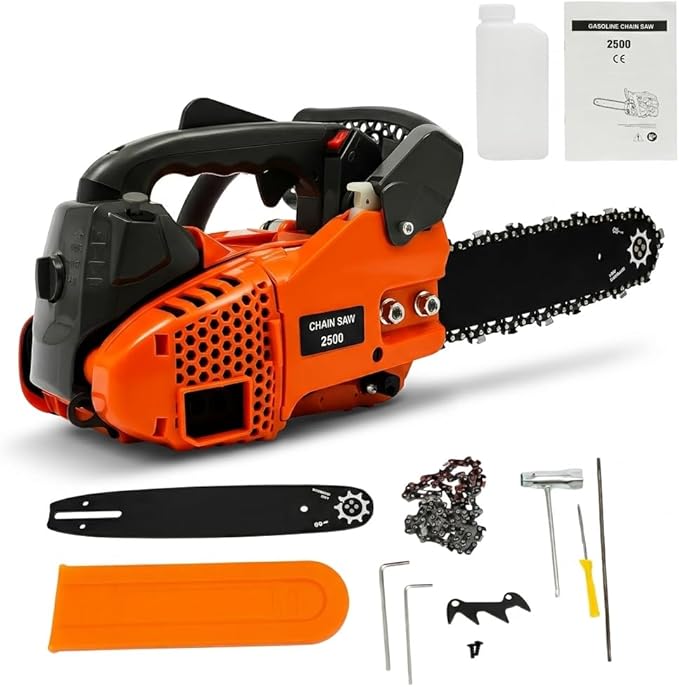 12 Inch Gas Chainsaw 25.4cc 2-Stroke Handheld Cordless Chain Saw Gas Powered 900W Portable Top Handle Chainsaw with Quick Start for Tree Wood Cutting, Sack Sawing, Green Pruning