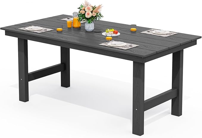 SERWALL 67" Rectangle Outdoor Dining Table for 6, Black | Patio Dining Table with an umbrella hole, HDPE Outdoor Dining Table which can holds up to 220LBS