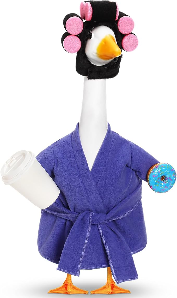 Shyyween Lady Porch Goose Outfit 23 Inch Purple Robe Goose Clothes with Curlers and Coffee Cup Porch Geese Accessories for Cement/Plastic/Concrete Statue Outdoor Yard Decoration