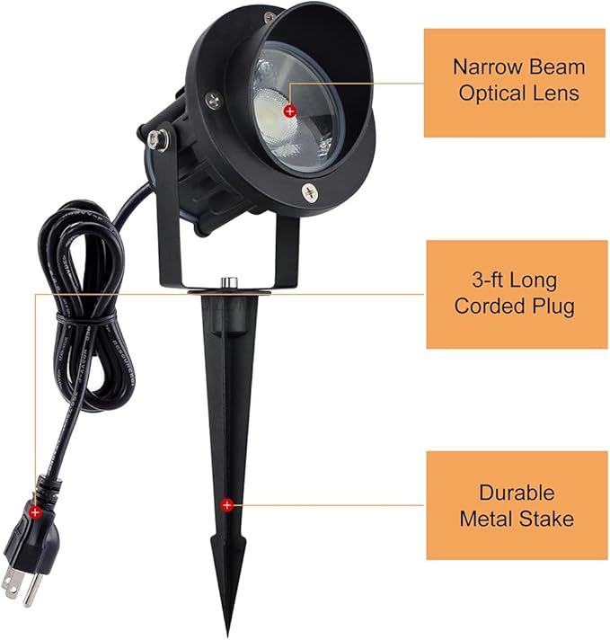 GBS9709 Outdoor Spotlights with Stake, 3000K Warm, Line Voltage 120V AC 9W, Outdoor Stake Lights, Flag Light, 3-ft Cord with Plug, Black, Not Dimmable