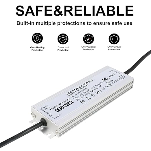 12V DC Power Supply 60W - Ultra Slim LED Driver Low Voltage Transformer with 3-Prong Plug & 3.3ft Cable, IP67 Waterproof for LED Strip Lights, Outdoor Lighting