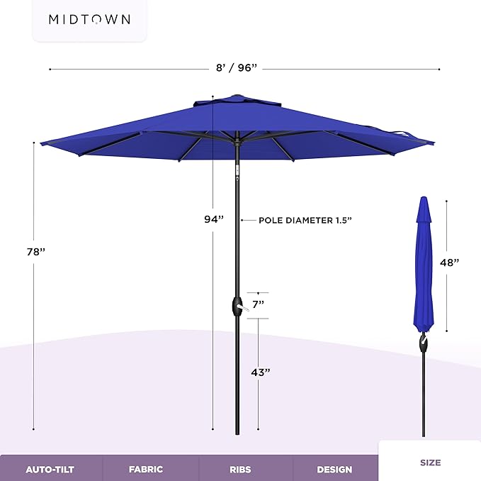 Midtown Umbrellas - 10-Year-No-Fade 8 Ft Patio Umbrella with Terylast Fabric, Auto-Tilt Aluminum Frame and 8 Reinforced Ribs for Deck, Pool, Garden & Beach - Royal Blue Canopy, Black Pole