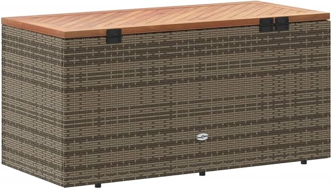 Outdoor Storage Box with Acacia Wood Top Gray 43.3"x19.7"x21.3" PE Rattan Deck Box Weather-Resistant Patio Furniture Storage Bench for Poolside Backyard Garden