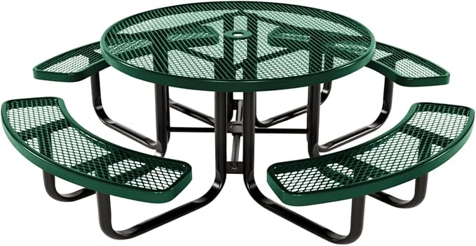 COATEDOUTDOORFURNITURE Heavy-Duty Portable Outdoor Kids Table with Umbrella Hole, Expanded Metal Kids Picnic Table, Commercial-Grade, Made in America (46 in, Round, Childrens, Textured Green)