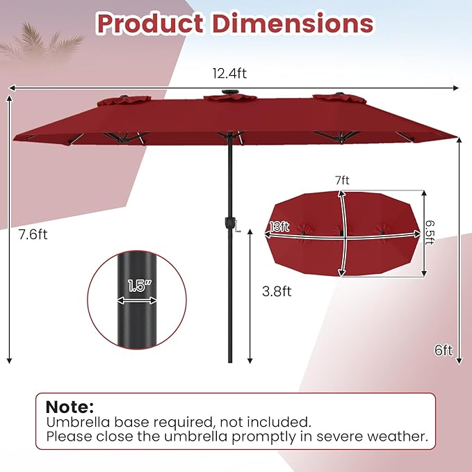 Tangkula 13 Ft Solar Patio Umbrella, Double-Sided Extra Large Outdoor Market Table Umbrella with Multi-Colored Flowing LED Lights, Crank Handle, 12 Sturdy Ribs for Poolside, Garden & Backyard (Wine)