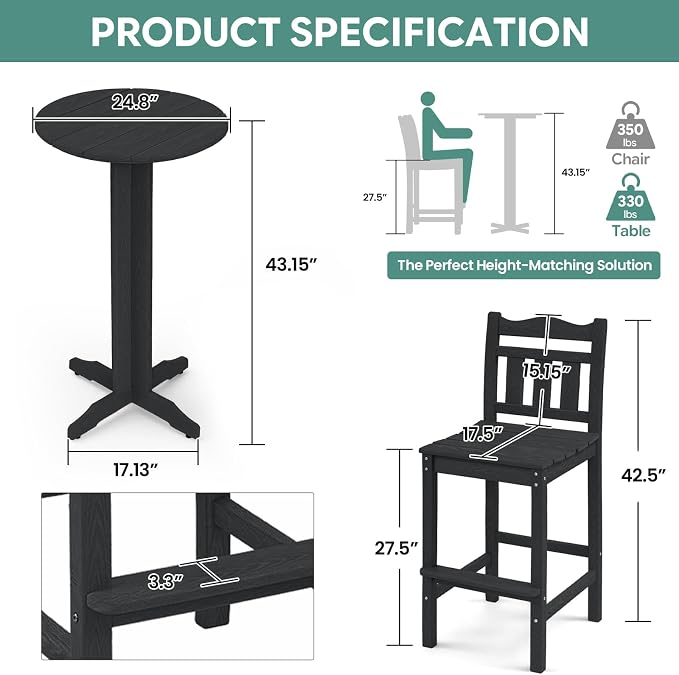 Outdoor Bar Stools Set of 4, HDPE Adirondack Bar Chairs with Backs, All-Weather High Top Patio Chairs, Heavy Duty Armless Bar Height Chair for Balcony, Garden, Deck (Black, 4pcs Set)
