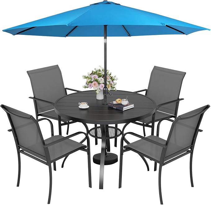 Incbruce 6 PCS Patio Dining Set with Sky Blue Umbrella, Outdoor Dining Set of 4 Textilene Chairs and 41" Round Table with Umbrella Hole for Backyard, Garden, and Poolside (Grey)