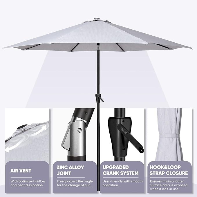 Tempera Patio Market Outdoor Table Umbrella with Auto Tilt and Crank, Large Sun Umbrella with Sturdy Pole & Fade Resistant Canopy, Easy to Set
