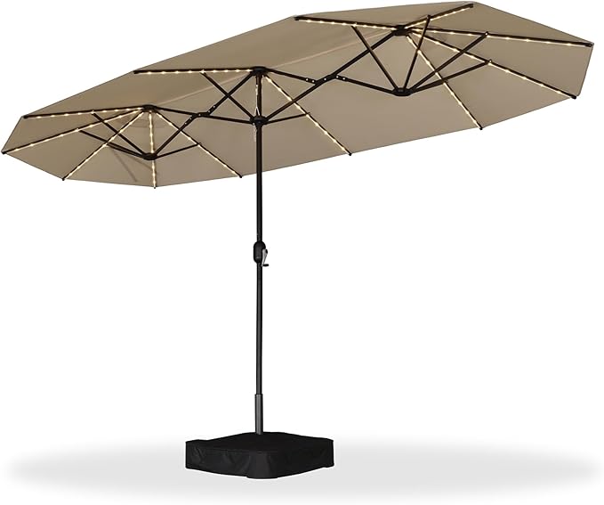 PURPLE LEAF 13ft Patio Market Umbrella with Solar LED and Base Double-Sided Rectangle Outdoor Table Sun Umbrellas with Crank for Pool Beach Deck Backyard Khaki