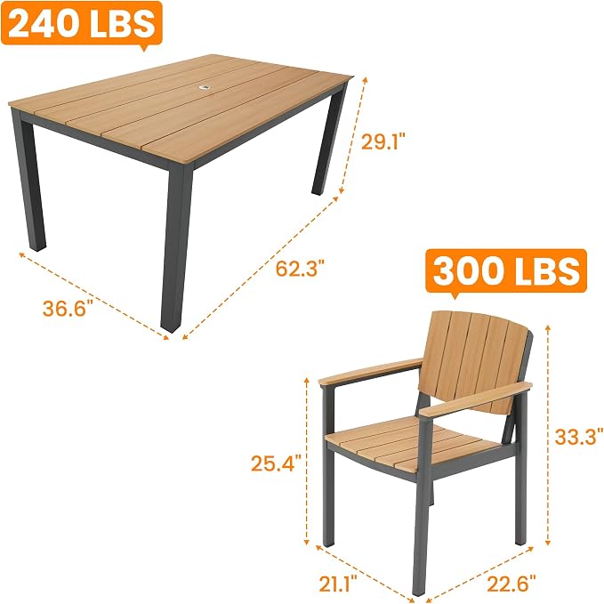 Aluminum Outdoor Patio Dining Table for 4-6 Person, All-Weather Rectangular Outdoor Table with Umbrella Hole for Garden Backyard Poolside Nature Wood