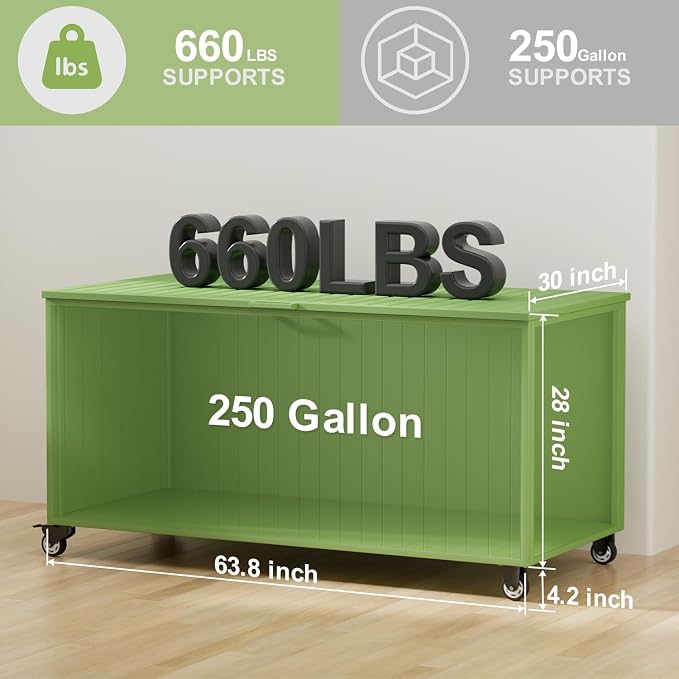 Outdoor Storage Box with Wheels 250 Gallon, Metal Deck Boxes Waterproof, UV Resistant Patio Storage Box with Lid for Patio Furniture, Garden Tools (Green)