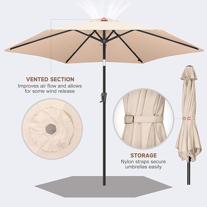 10ft Patio Umbrella Outdoor - Table Umbrella with 6 Sturdy Ribs, Market Umbrella with Push Button Tilt, UV Protection for Pool, Porch, Garden, Deck, Backyard (Beige)