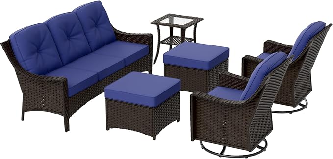 Stone Creek Outdoor Furniture Set with Swivel Rocking Chairs, 3 Seater Couch, Side Table & Ottomans, Wicker Patio Conversation Set, Balcony Furniture, 6 Piece, Brown/Blue