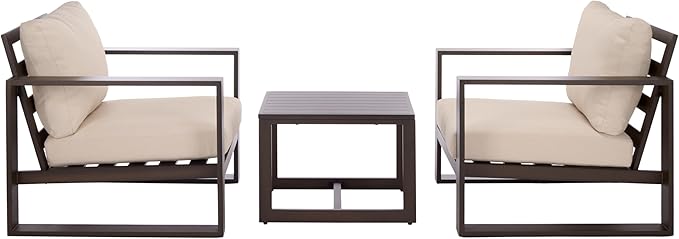 SAFAVIEH Outdoor Patio Furniture Collection – Fash Brown & Taupe Cushion 3-Piece Living Set, Modern Outdoor Chairs & Slatted Square Table (PAT7552B)