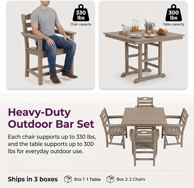 WILLIAMSPACE 37.8" Outdoor Patio Dining Set with 4 Armchairs, All Weather HDPE Square Dining Table with Umbrella Hole, Patio 5-Piece Bistro Set for Backyard, Balcony, Lawn, Kitchen (Brown)