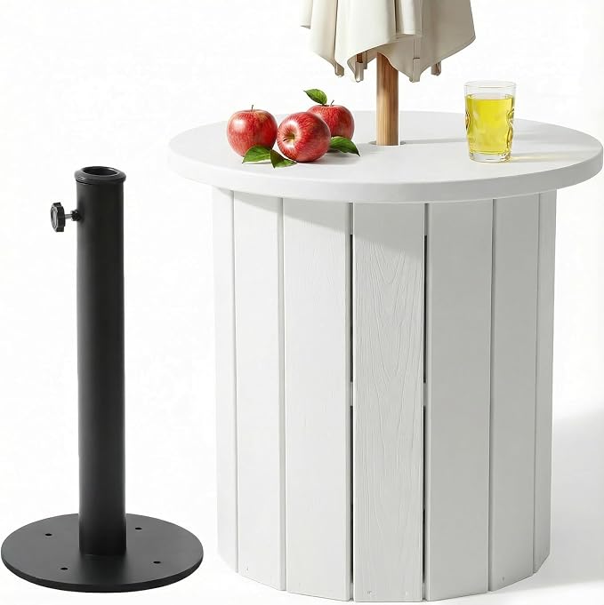 PASAMIC 2-in-1 Patio Table Umbrella & Outdoor Side Table, Large Round Small Outdoor Table with Umbrella Hole, Fits 1.5-1.9in Pole, 5Gal Water Bag Base, HDPE for Poolside, Deck, Garden Use, White