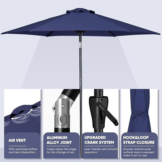Tempera Patio Market Outdoor Table Umbrella with Push Button Tilt and Crank, Large Sun Umbrella with Sturdy Pole & Fade Resistant Canopy, Easy to Set