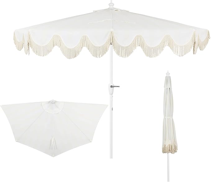 JONATHAN Y Beverly 9 ft. Coastal Cream and White Striped Half Patio Umbrella with Scalloped Fringe, Crank Lift, and Manual Tilt for Balcony, White Pole UMB1201K
