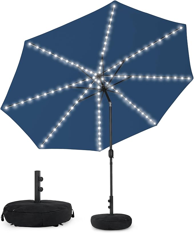 Sundale Outdoor OLEFIN LED Solar Patio Umbrella with Sand Bag Umbrella Base, Outdoor Umbrella with Tilt and Crank