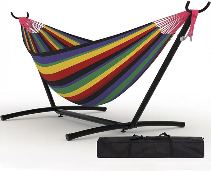 Double Hammock with Stand, Hammock Wih Space Saving Steel Stand and Carrying Case, 2 Person, 450 Lb Capacity, for Indoor Outdoor Patio Yard