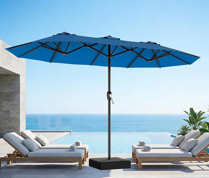 AreShark 15ft Patio Umbrella with Base, Double Sided Outdoor Umbrella with 12 Fiberglass Ribs, Large Outdoor Umbrella for Garden, Pool, Deck, Backyard & Market, Royal Blue
