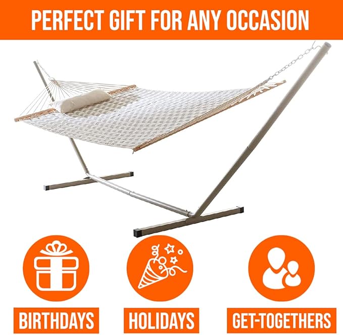 Castaway Living Large 2-Person Quilted Hammock with Stand & Pillow – Chevron, 10 ft. L x 52 in. W, 350 lb Capacity, Weather-Resistant Polyester, Portable Space-Saving Frame