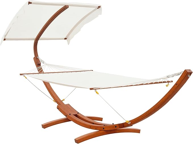 Outsunny 13FT Wooden Arc Hammock with Canopy, Outdoor Hammock Bed with Wood Arc Stand for Patio Balcony Garden Backyard, White