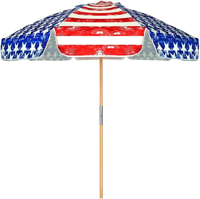 AMMSUN 7.5ft Heavy Duty HIGH Wind Beach Umbrella Commercial Grade Patio Beach Umbrella with Air Vent Ash Wood Pole & Carry Bag UPF 50+ Protection American flag