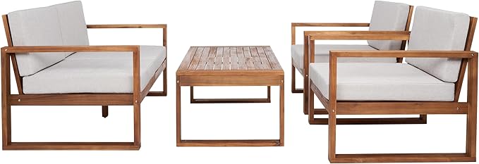 SAFAVIEH Outdoor Collection Emiko Natural/Light Grey Cushion Solid Wood 4-Piece Conversation Patio Set