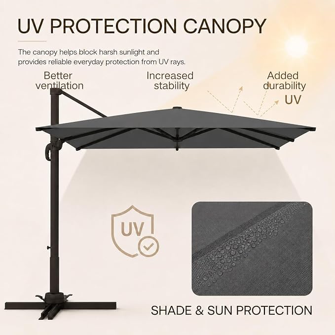 Kingdura 9' X 9' Cantilever Patio Umbrella with Base Included, Large Square Outdoor Offset Umbrella with 360-degree Rotation, 4 Position Tilt, UV Protection for Pool Deck Garden Patio (Grey)