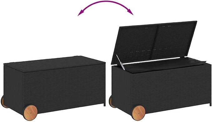 Benzara Saki Outdoor Storage Box, Rectangular Black Poly Rattan, Wood Wheels