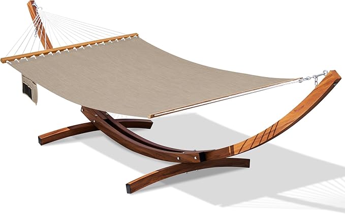 Lazy Daze Hammocks 12 FT 2 Person Double Quick Dry Olefin Blend Hammock with Curved Steel Heavy Duty Stand for Outside, Backyard, Patio, 450 Lbs Capacity, Khaki